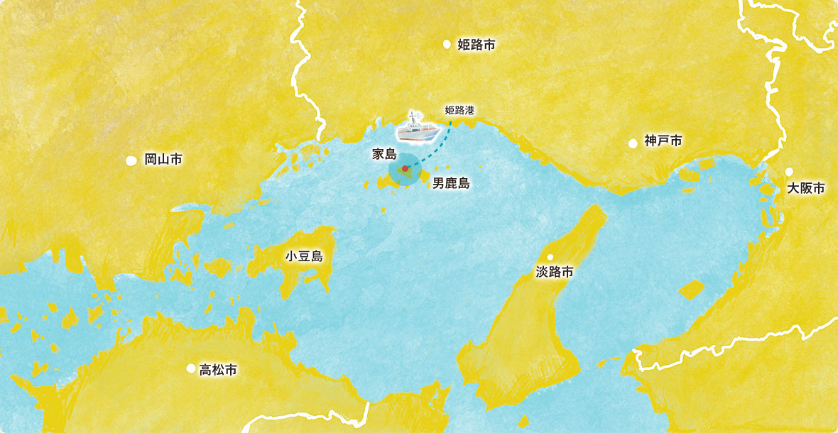 家島の地図。姫路港から家島行の船が出ています